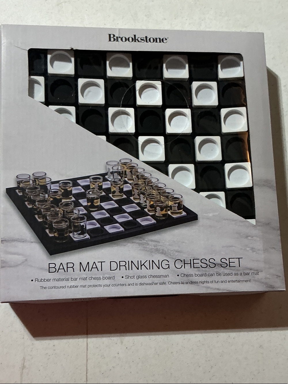Brookstone Black and White Bar Mat Drinking Chess Set